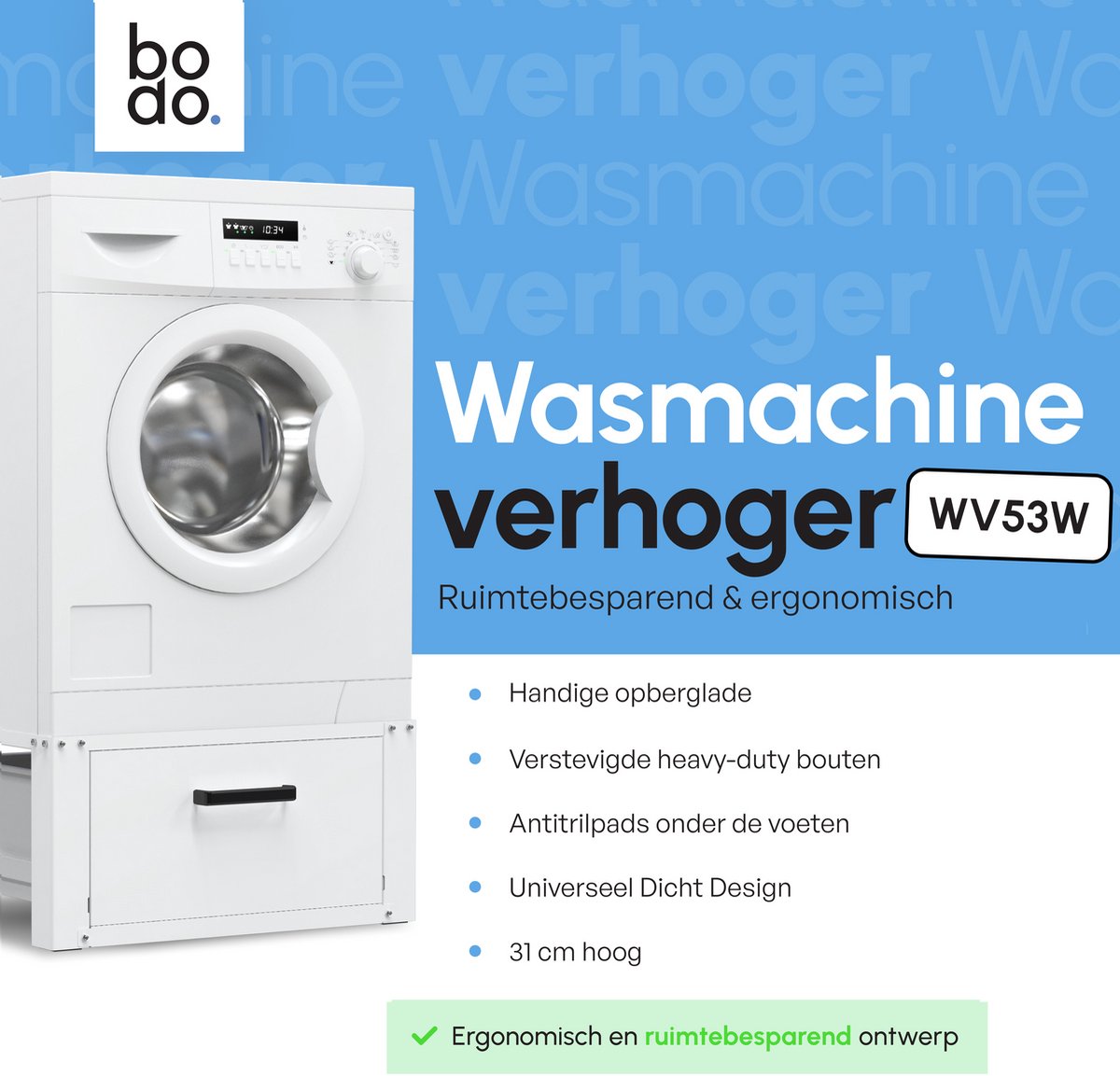 Bodo® - Wasmachine Verhoger - Kast - Ombouw met Lade - Wit - 63x54x31cm — afbeelding 3