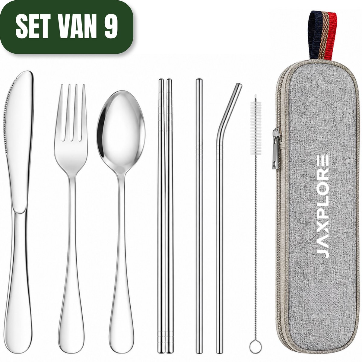 Jaxplore Reisbestek RVS 9-delig - Bestek to go - Meeneem Bestek met Opbergtas - Compact Camping Bestekset