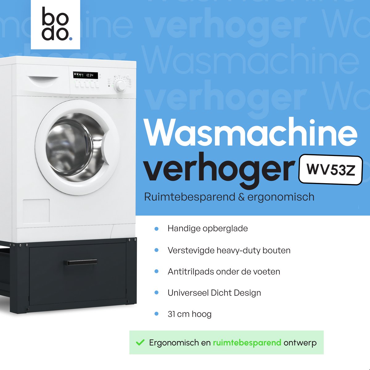Bodo® - Wasmachine Verhoger - Kast - Ombouw met Lade - Zwart - 63x54x31cm — afbeelding 5
