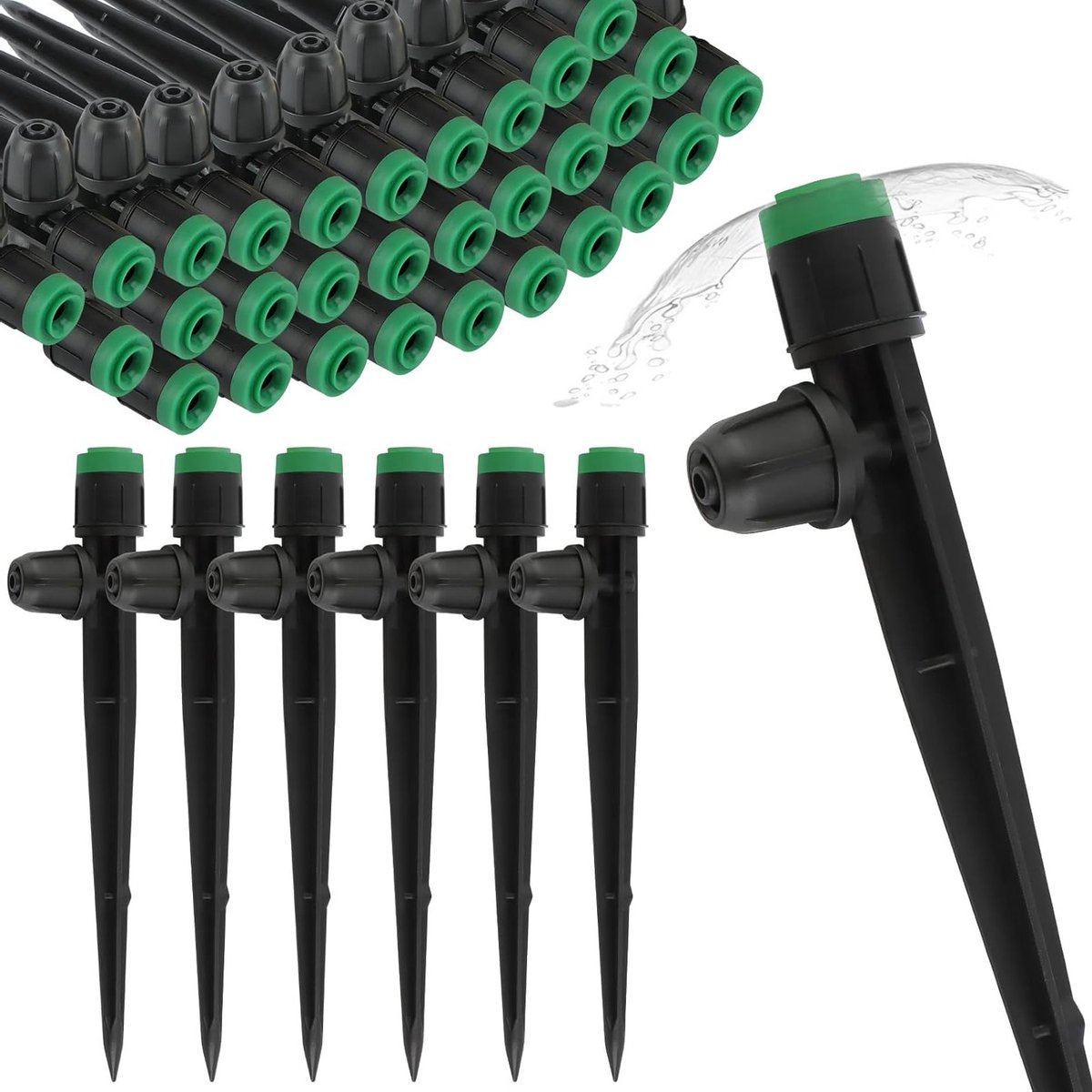 1/4 Inch Drip Irrigation Nozzles met Vergrendeling - 50 Stuks voor 4/7 mm Buizen, 360 Graden Verstelbare Vortex Waterstraal voor Micro Drip Systeem, Tuinirrigatie Accessoires