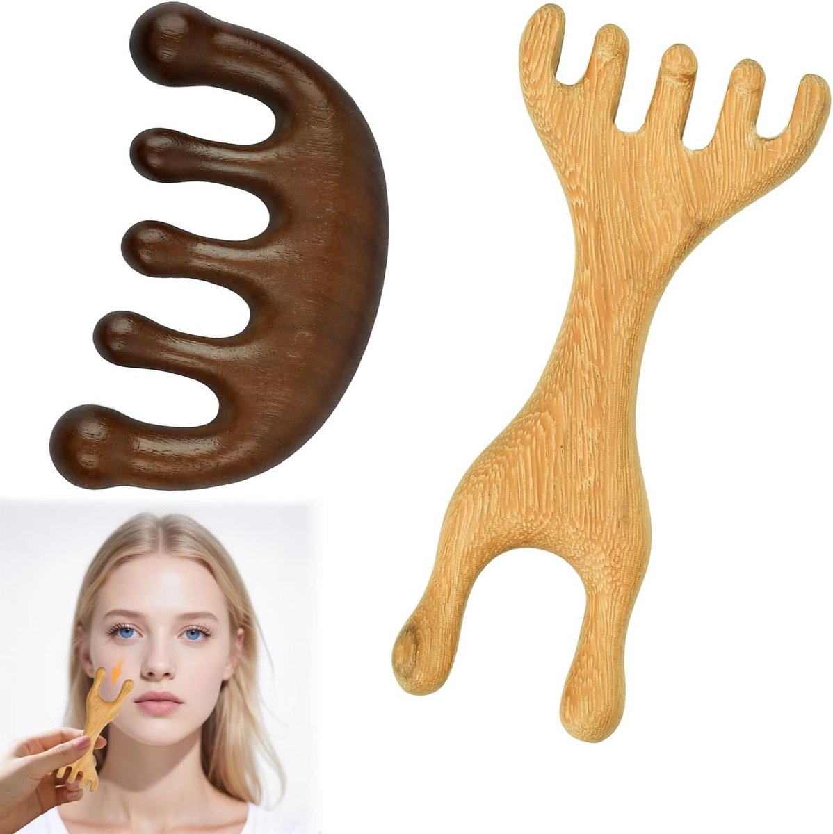 Set van 2 Natuurlijke Houten Massage Kammen voor Hoofdmassage en Ontspanning, Guasha voor Nek, Rug en Benen, Ideaal voor Mannen en Vrouwen
