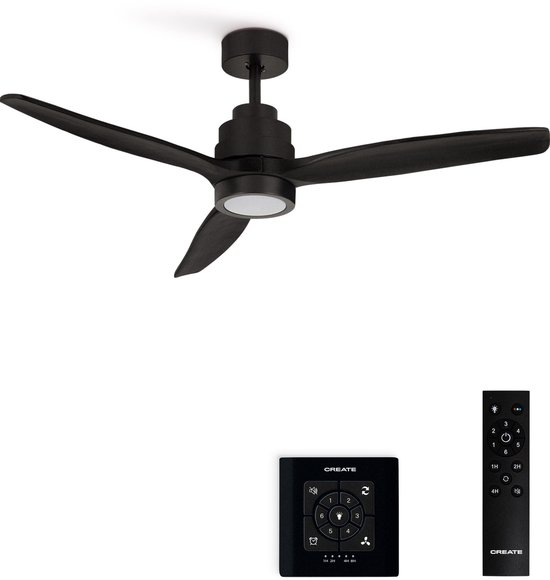 CREATE - Plafondventilator 40W silent 100% hout - Zwart - Ø112cm - Met licht - Controller voor wandmontage + afstandsbediening - WIND STYLANCE