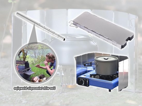 Opvouwbare Aluminium Windscherm voor Kamperen met 16 Lamellen en Telecopische Blazerpijp voor Buitenactiviteiten, Picknicks en Koken op Gasfornuis — afbeelding 4