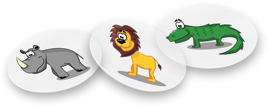 Drie stickers met kinderlijke afbeeldingen: een grijze neushoorn, een gele leeuw met bruine manen en een groene krokodil.