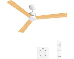 CREATE - Stille plafondventilator 40W met licht - Wit / Licht hout - Ø152cm - Controller voor wandmontage + afstandsbediening - WIND MODERN