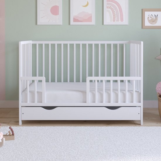 Love For Sleep Asher Babybedje 2-in-1 – Meegroeibed 120x60 cm – Inclusief Hypoallergeen Matras & Open Schuiflade – Massief Grenenhout – Wit