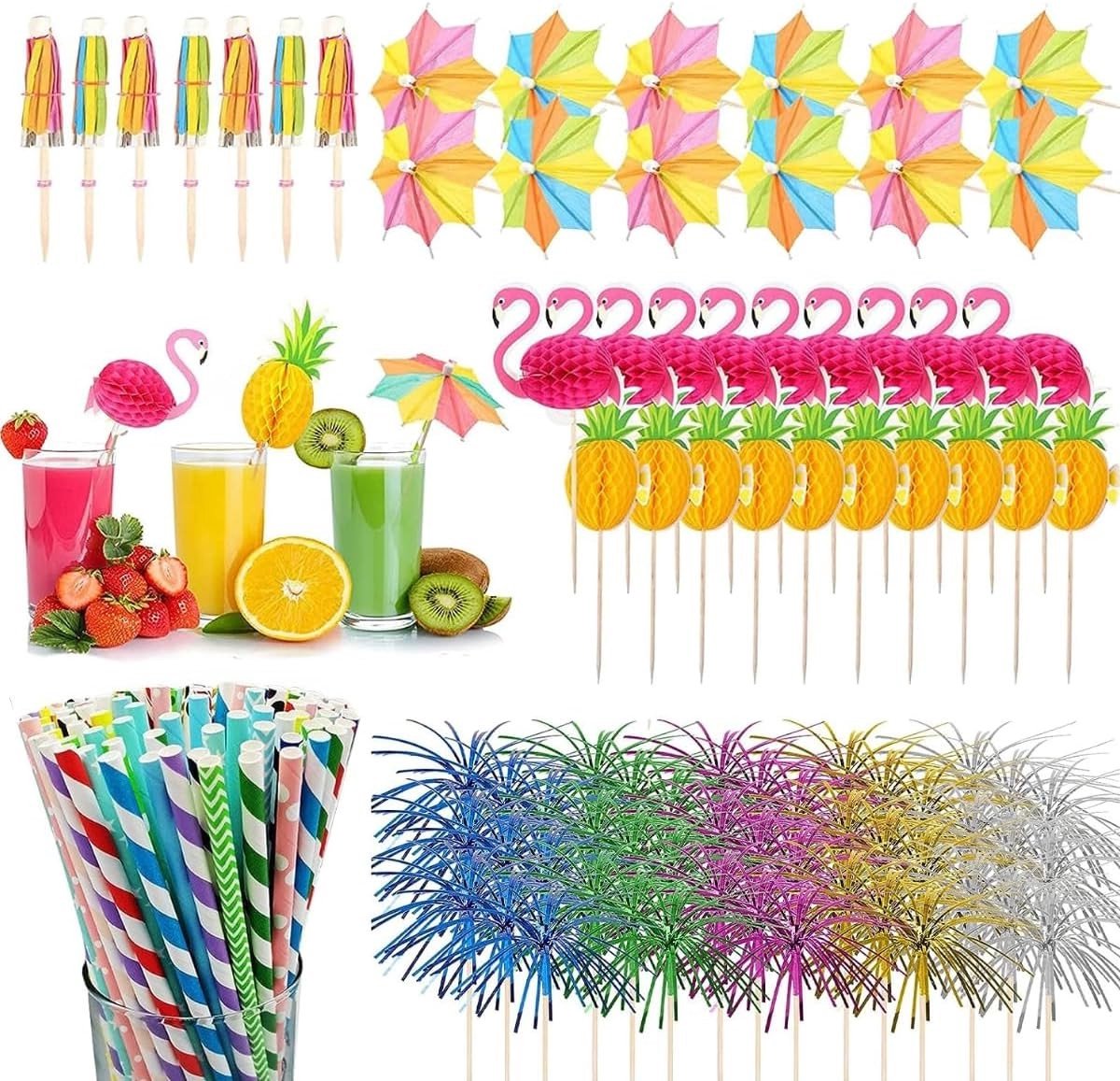 100 stuks herbruikbare cocktaildecoratie met spiesen en parasols voor Hawaï-feest, zomerbar en dranken