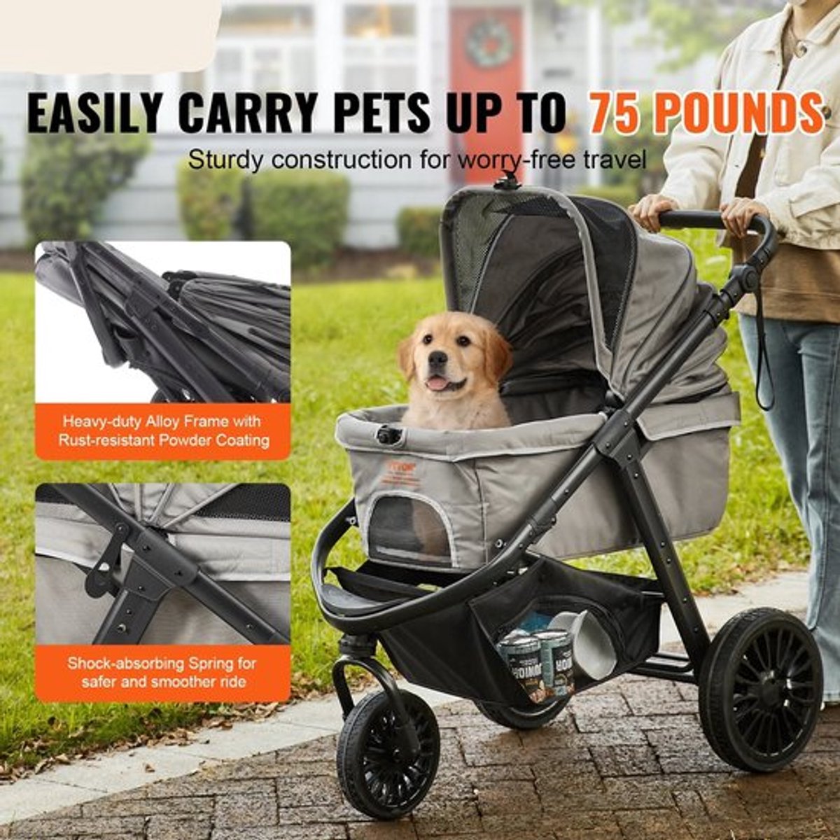 Hondenbuggy - Lichtgewicht - Huisdier Buggy - Hond en Kat Dierenwagen - Opvouwbare - met Rem - Verstelbaar Handvat - en Opslagmand - Duurzaam en Ademend - Zwart
