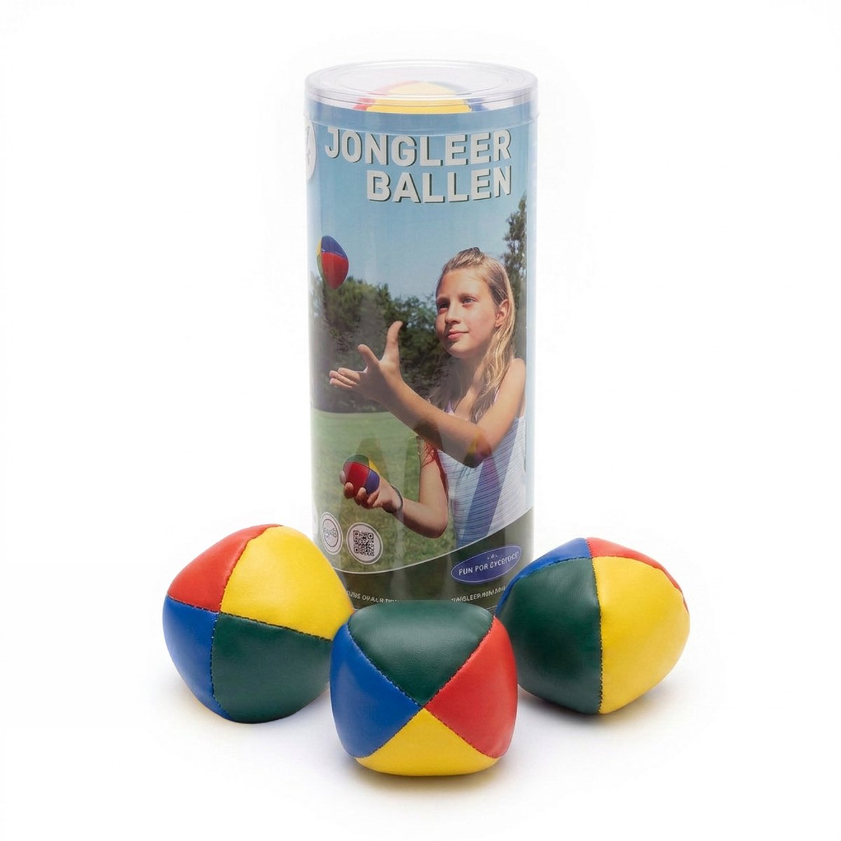 Jongleerballen Klein 2" – Vierkleurig (Blauw, Rood, Geel, Groen) – Set in Transparante Koker – Jongleer- & Goochelspel – Engelhart
