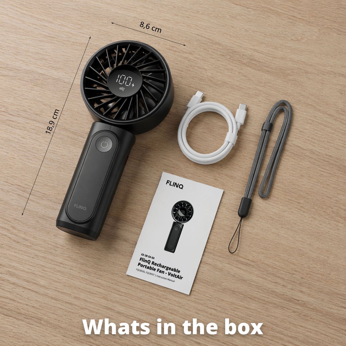 FlinQ Handventilator VoltAir - Draagbare Ventilator - Mini Fan Oplaadbaar - Kleine Portable Ventilator met USB - Draadloze Tafelventilator - Zwart — afbeelding 5