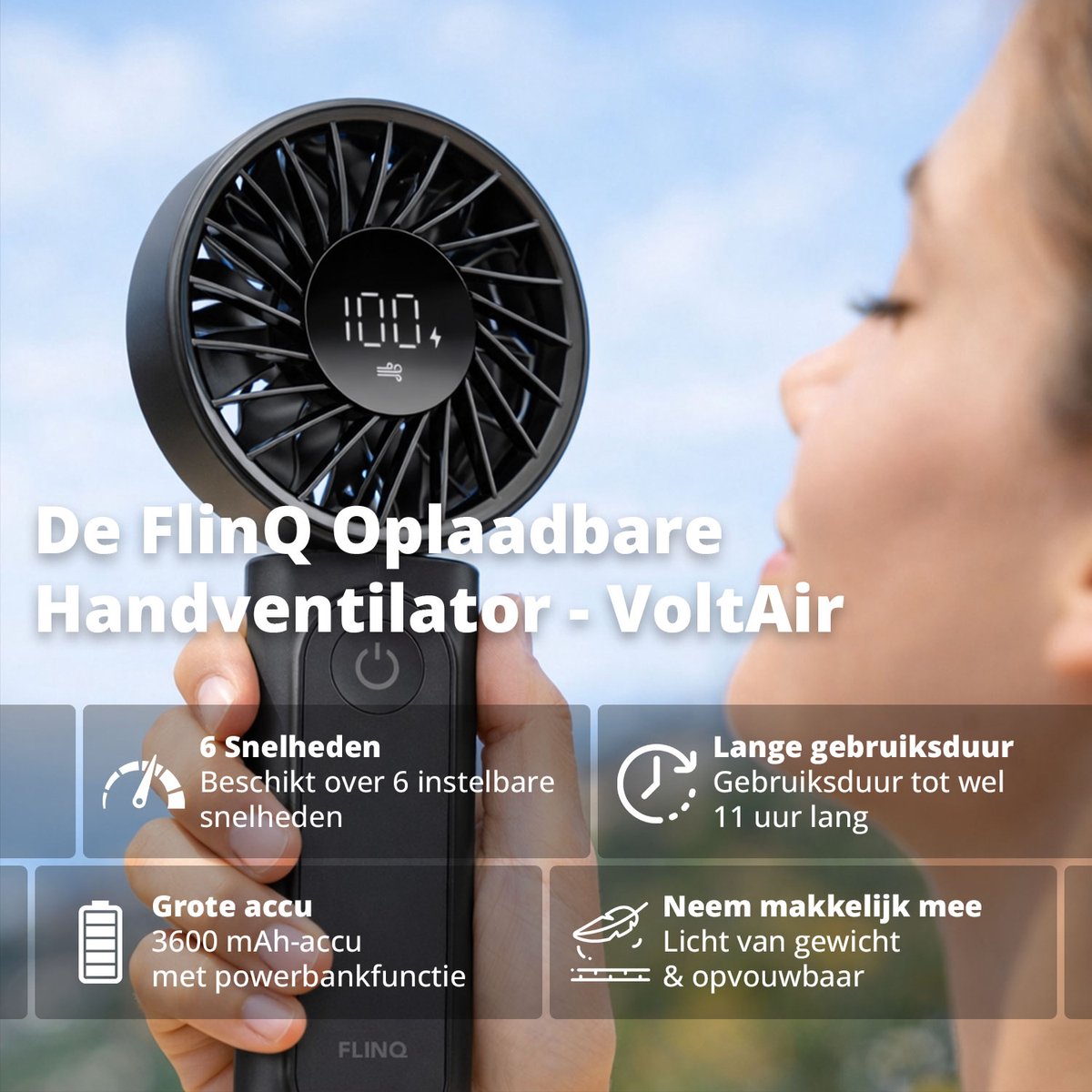 FlinQ Handventilator VoltAir - Draagbare Ventilator - Mini Fan Oplaadbaar - Kleine Portable Ventilator met USB - Draadloze Tafelventilator - Zwart — afbeelding 8