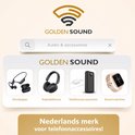 Golden Sound merklogo met zoekbalk en afbeeldingen van oordopjes, koptelefoons, telefoonaccessoires en smartwatches.