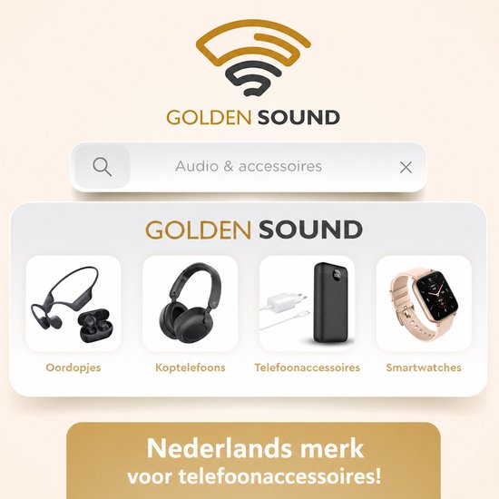 Golden Sound merklogo met zoekbalk en afbeeldingen van oordopjes, koptelefoons, telefoonaccessoires en smartwatches.