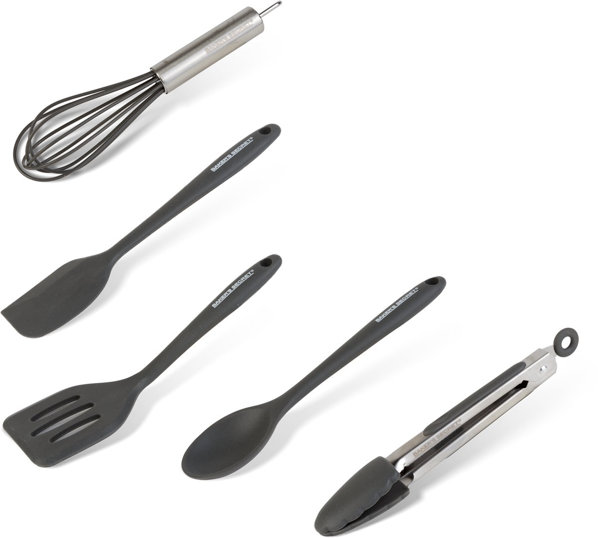 Keukengerei Set 5 Delig - Kookgerei Set met Spatel - Lepel - Tang en Garde - Keukenhulpen voor Anti Aanbak Pannen - Compact Kookgerei - RVS en Kunststof - 20 cm [BS41392]