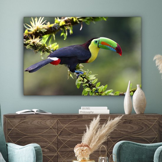 Tableau sur toile Un toucan sur une brindille fleurie - 150x100 cm - Décoration murale