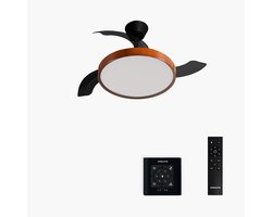 CREATE - Plafondventilator 40W stil met intrekbare bladen met licht - Ø91cm - Zwart / Donker hout - Controller voor wandmontage + afstandsbediening - WIND CLEAR STUDIO