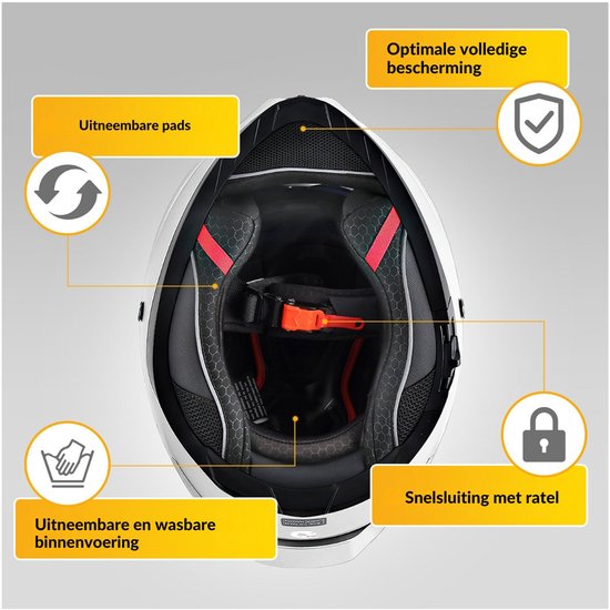 Binnenzijde van een wit integraalhelm met verwijderbare pads en voering. Snelsluiting met ratel. Tekst: Uitneembare pads, Optimale volledige bescherming.