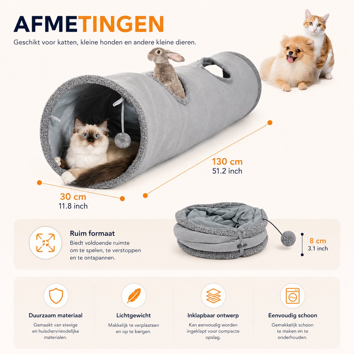 BOTC Kattentunnel - Speeltunnel Voor Dieren - Tunnel Kat - Kattenhuis - Speeltunnel kat - Grijs — afbeelding 4