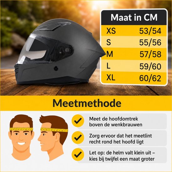 Zwarte integraalhelm met matzwarte afwerking, naast een maattabel (XS-XL) en meetinstructies.