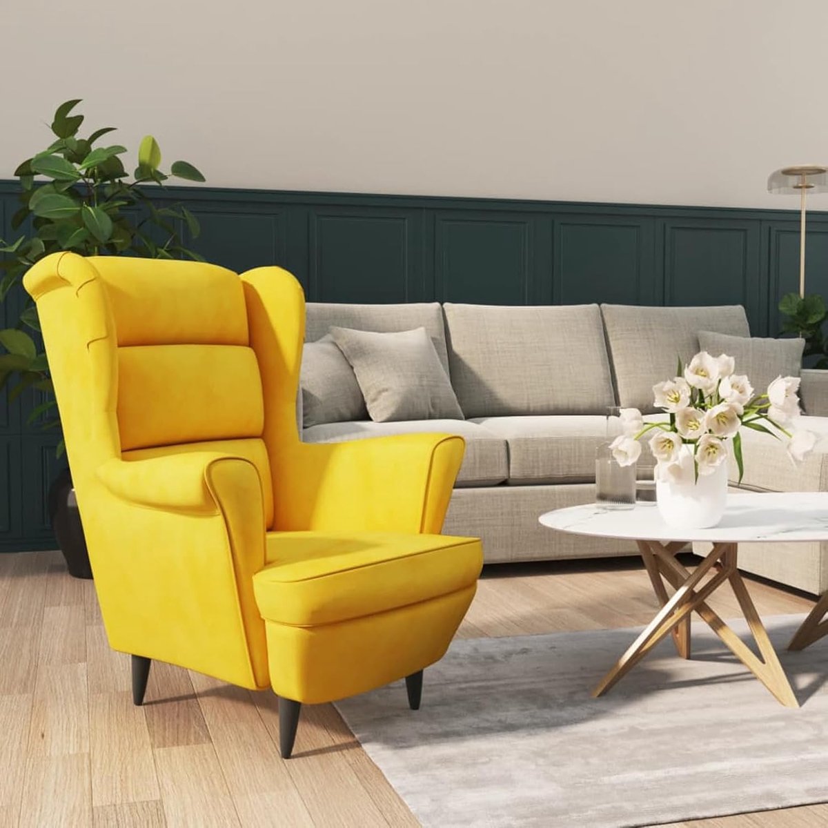 Fauteuil – Industrohome Luxe Mosterdgele Fluwelen Relaxstoel met Armleuningen – Design Woonkamerstoel / Slaapkamerstoel in Suède Velvet Look – Comfortabele Accent Stoel met Stevige Rug & Houten Frame