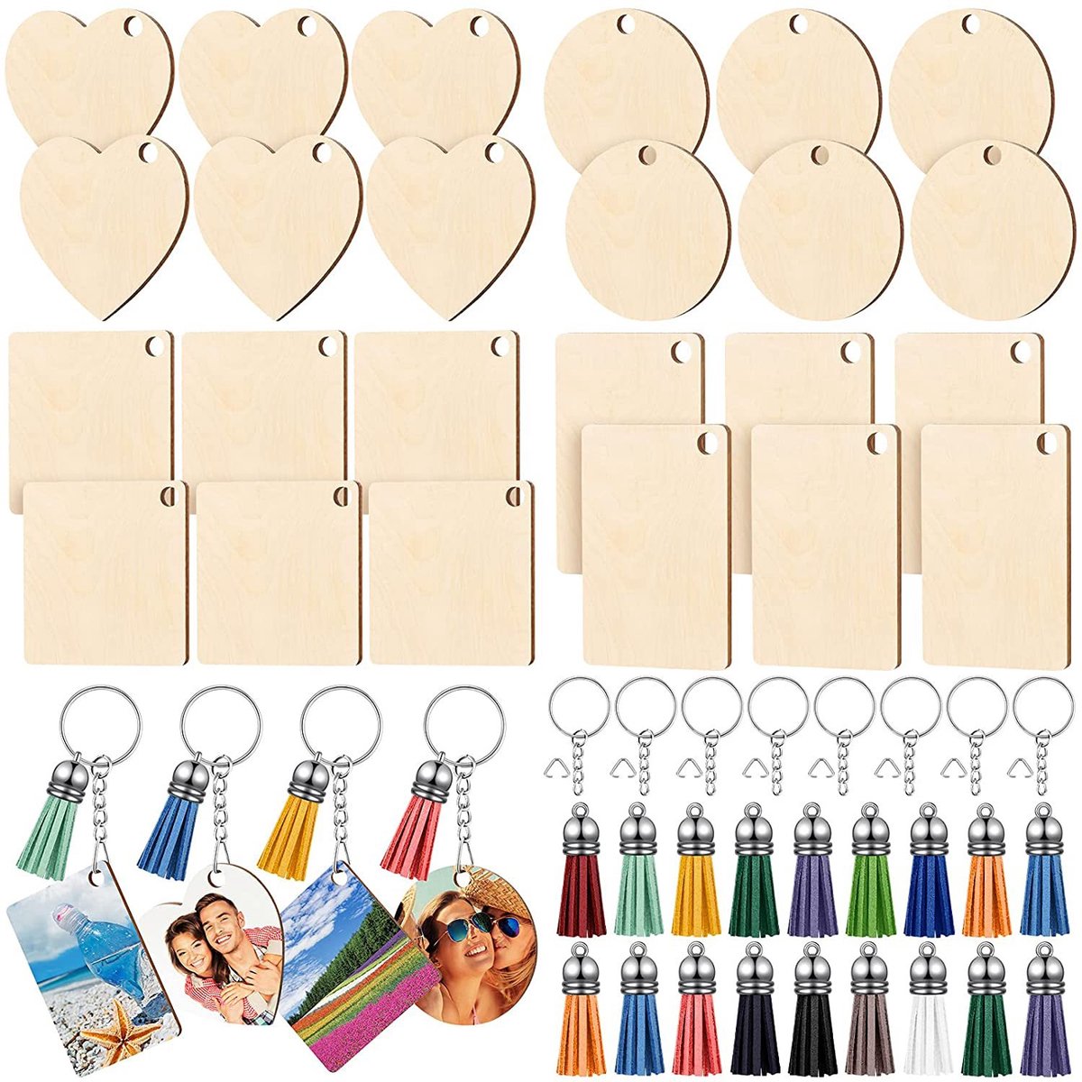 96-Delig Knutselpakket - Blanco houten sleutelhangers - Gepersonaliseerde houten sleutelhangers - Inclusief 24 houten sleutelhangers, 24 kwastjes, 24 sleutelhangers met ketting en 24 oorhaakjes - Perfect voor zelfgemaakte sleutels en hangers