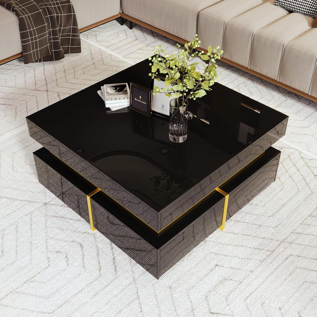 Salontafel met laden - Woonkamertafel bijzettafel - Stijlvolle opbergruimte - Hoogglans afwerking goud - 70x70x35 5 cm - Zwart