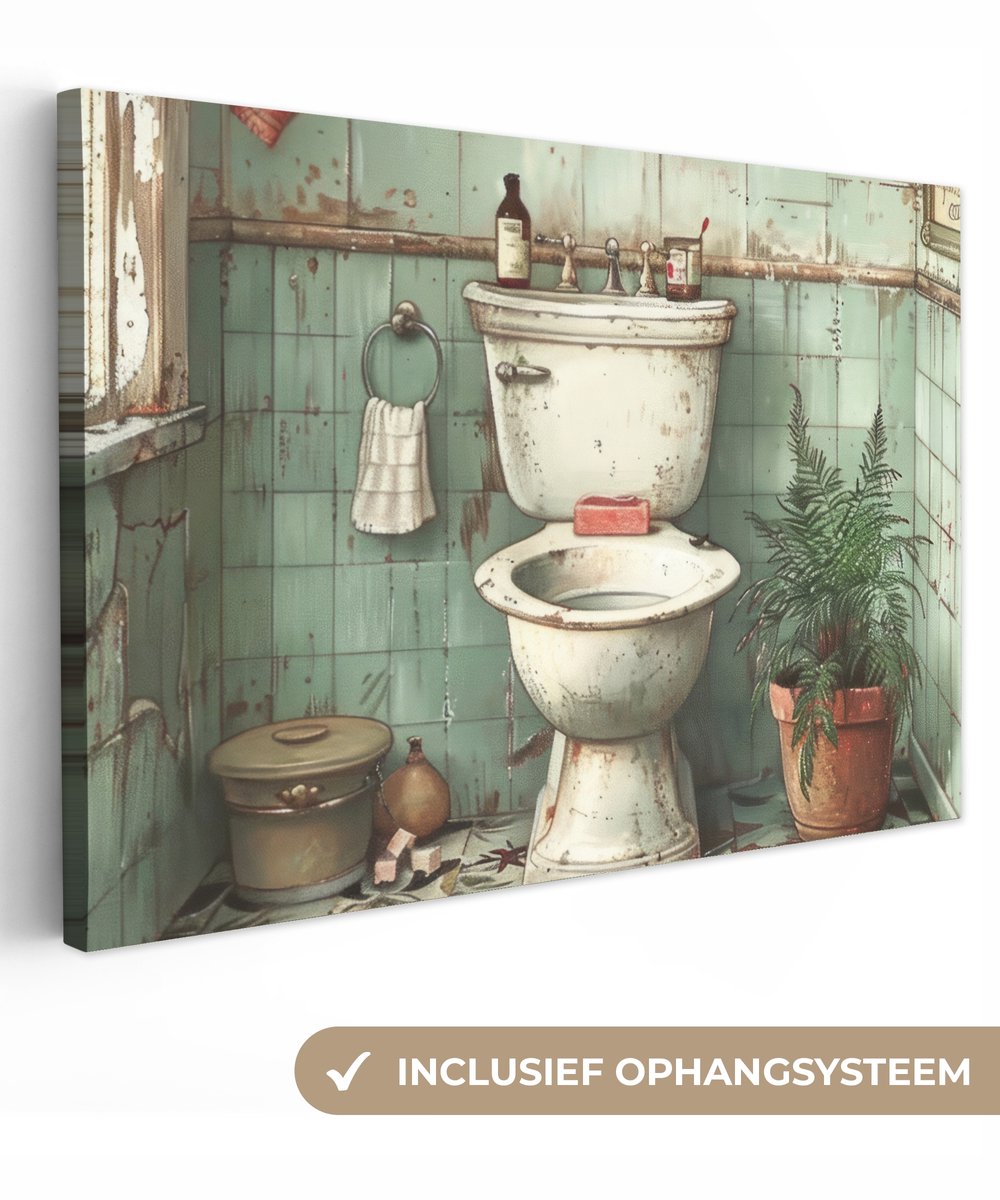 Canvas schilderij 120x80 cm - Wanddecoratie badkamer Vintage - Toilet - Illustratie - Muur