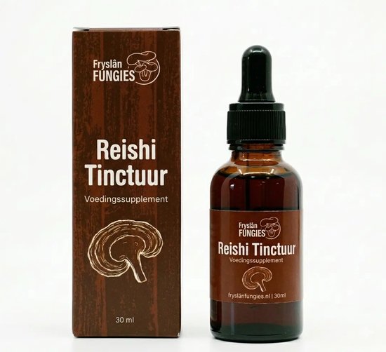 Bruine druppelfles en doosje met 'Reishi Tinctuur' logo en illustratie van een reishi paddenstoel.