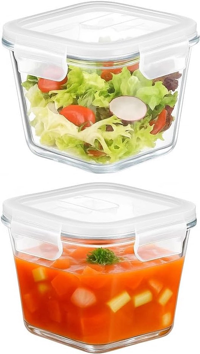 Set van 2 glazen soepcontainers, 800 ml, vierkante bewaardozen met deksel, magnetronbestendig, lekvrij, perfect voor koelkast en maaltijdvoorbereiding, duurzaam en veelzijdig