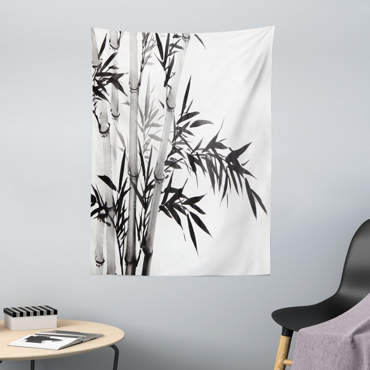 ABAKUHAUS Zwart-wit wandtapijt, Chinese kalligrafie, 110 x 150 cm, grijs en wit Grijs wit