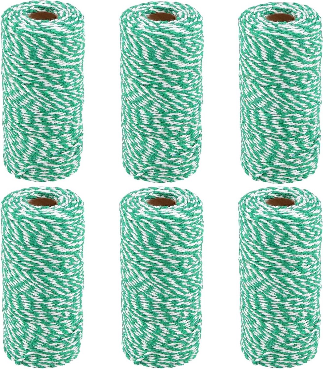 6 Rollen Katoen Touw 100m/328ft, 2mm Groen en Wit, Perfect voor Trussen, Bakken en Keuken Gebruik