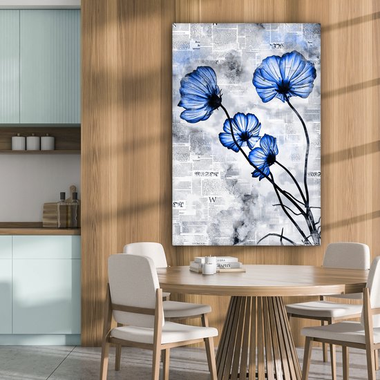 Toile Peinture Fleurs - Journal - Blauw - 80x120 cm - Décoration murale