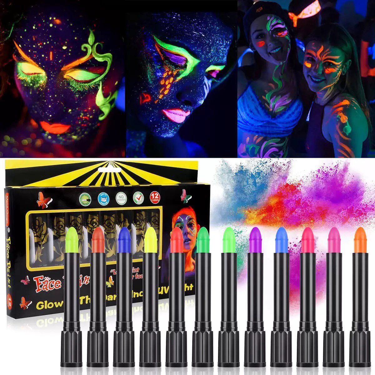Schminkstiften - Schmink Set Krijtjes - 12 Stuks Kleuren -Fluoriserend UV Neon Glow in the Dark Krijtjes-Giftige Gezichtsverfkrijtjes voor Halloween Cosplay Make-up-Helderste Glow onder UV-Licht