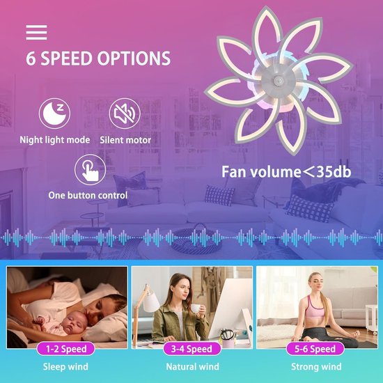 8 Bloem Ventilator Lamp - Moderne Plafondlamp Ventilator - 6 Standen - RGB - Dimbaar - Plafondventilator — afbeelding 2