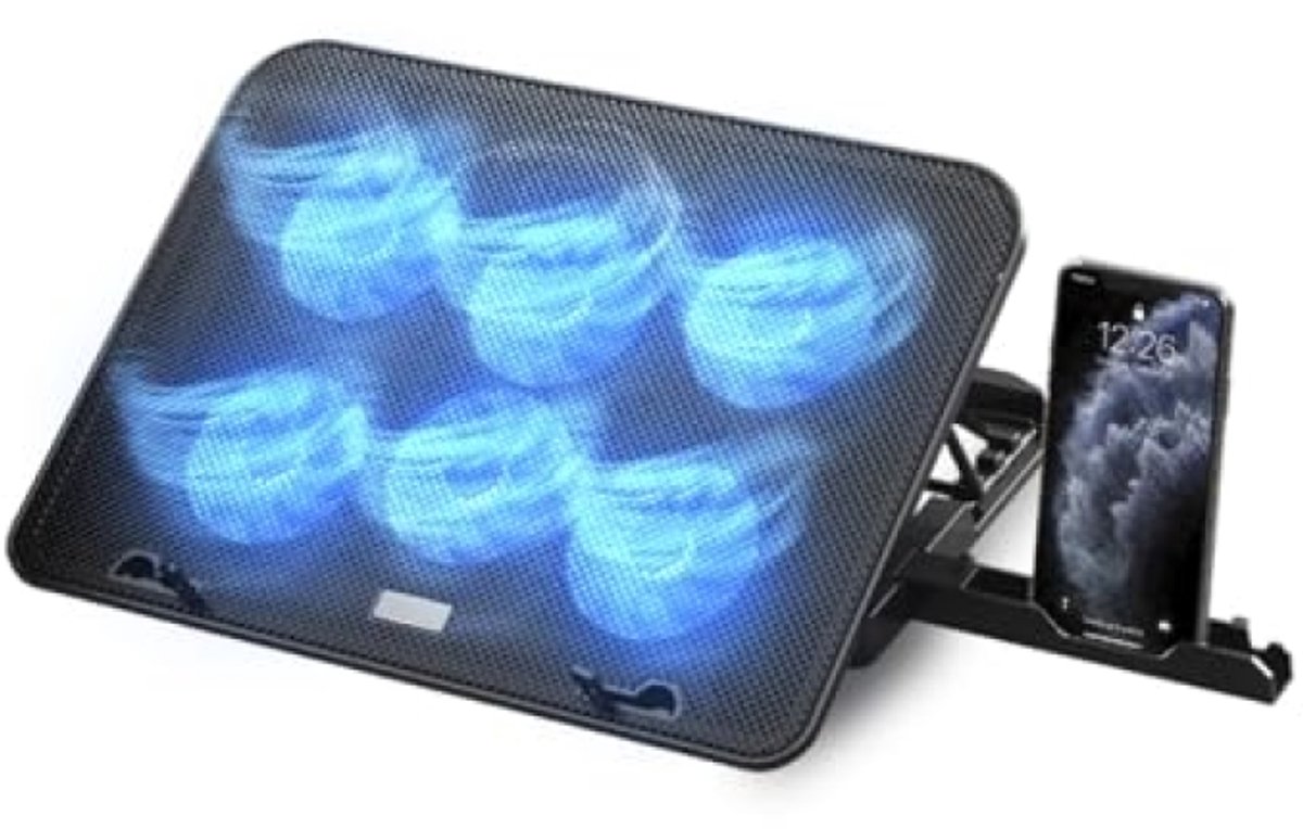 Laptop Koelstandaard met 6 Stille Ventilatoren, 5 Hoogtestanden, 2 USB-poorten, LED-verlichting - Zwart, 12-17 inch