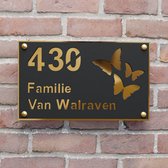 Naambordje voordeur - Huisnummerbord - Rechthoek vlinder - 20x12 - zwart/goud - RVS afstandshouders