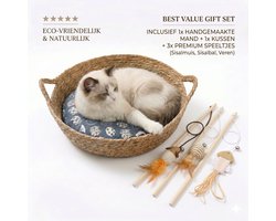 Handgeweven Rieten Kattenmand (Ø 40cm) met Kussen & 3 Kattenspeeltjes - Premium Cadeauset