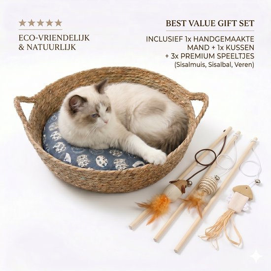 Handgeweven Rieten Kattenmand (Ø 40cm) met Kussen & 3 Kattenspeeltjes - Premium Cadeauset