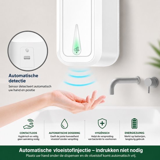 Witte automatische zeepdispenser met sensor, die een hand detecteert boven de uitgifte. "Automatische detectie" en "contactloos" zijn zichtbaar.