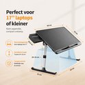 Zwarte laptoptafel met afmetingen (60x33cm) en hoogte (24-32cm). Geschikt voor 17" laptops. Met 'Ruim werkoppervlak' en 'Compact & licht' in tekst.