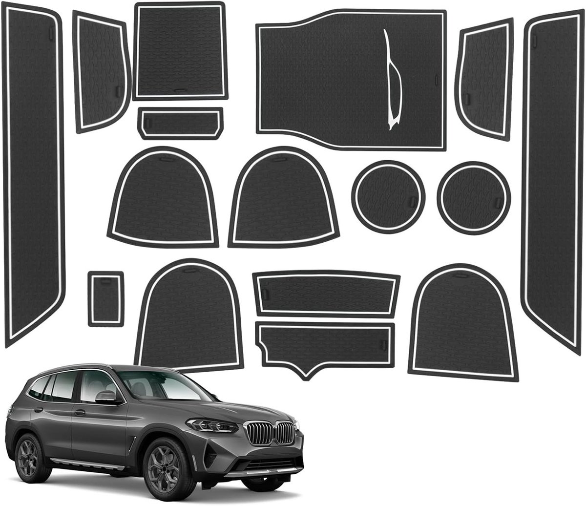 Niet-slip autovloermatten voor BMW X3 G01 (2018-2024) en X4 G02 (2019-2024), rubberen matten voor console, bekerhouder en deurpluggen, wit en duurzaam