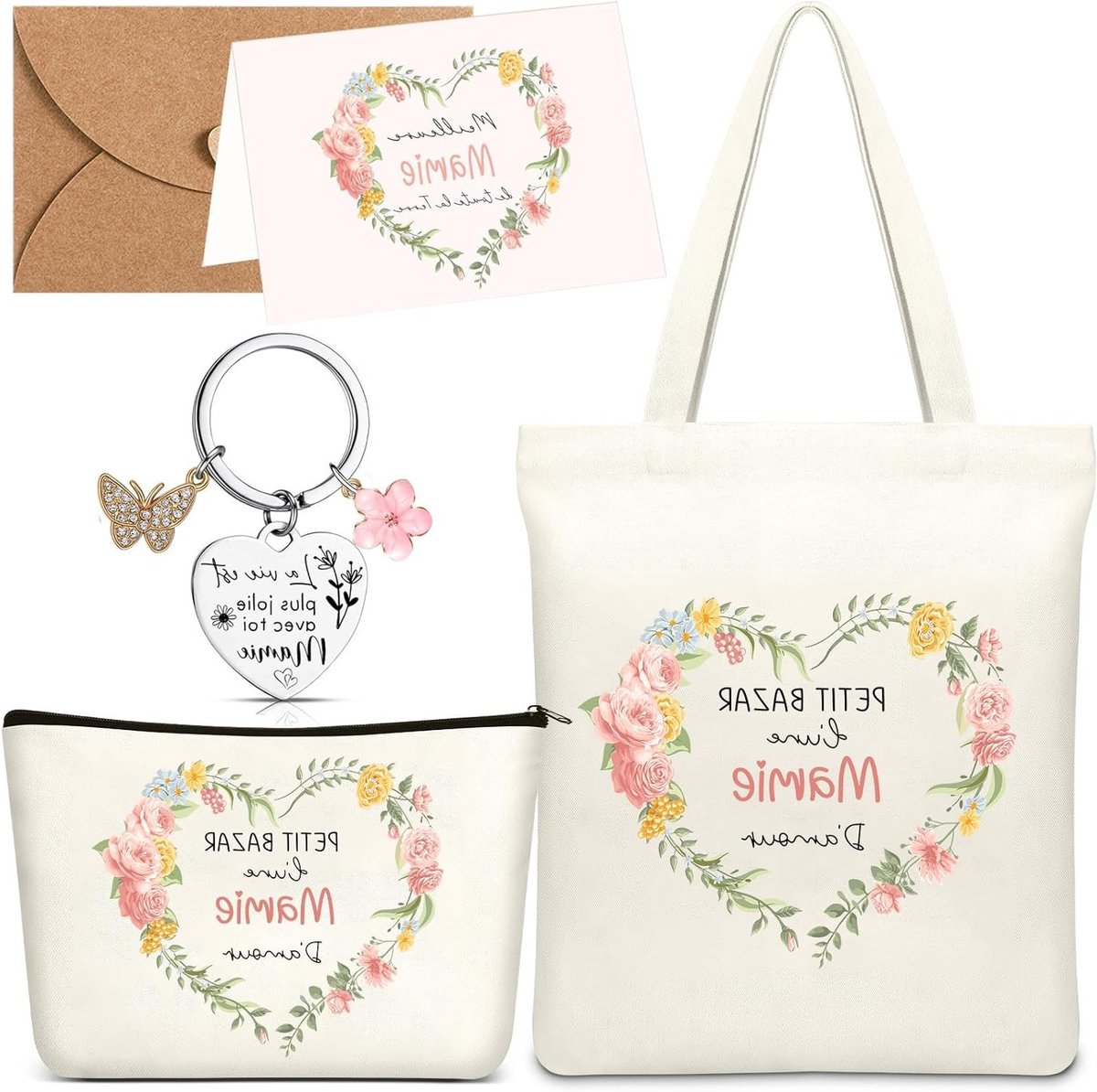 5-delige Cadeauset voor Oma met Canvas Tas, Makeup Tas, Sleutelhanger en Wenskaart - Perfect voor Verjaardag, Kerst en Aankondiging van Zwangerschap
