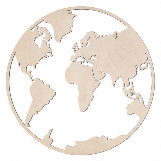 Houten wanddecoratie - Wooden wall decoration | Wereldkaart - wereldbol 95 x 95cm World map - earth globe | Licht hout - Natural wood | Muurdecoratie - Wall art - Design Wandfiguur - Round - Rond - Echt Hout - Real Wood
