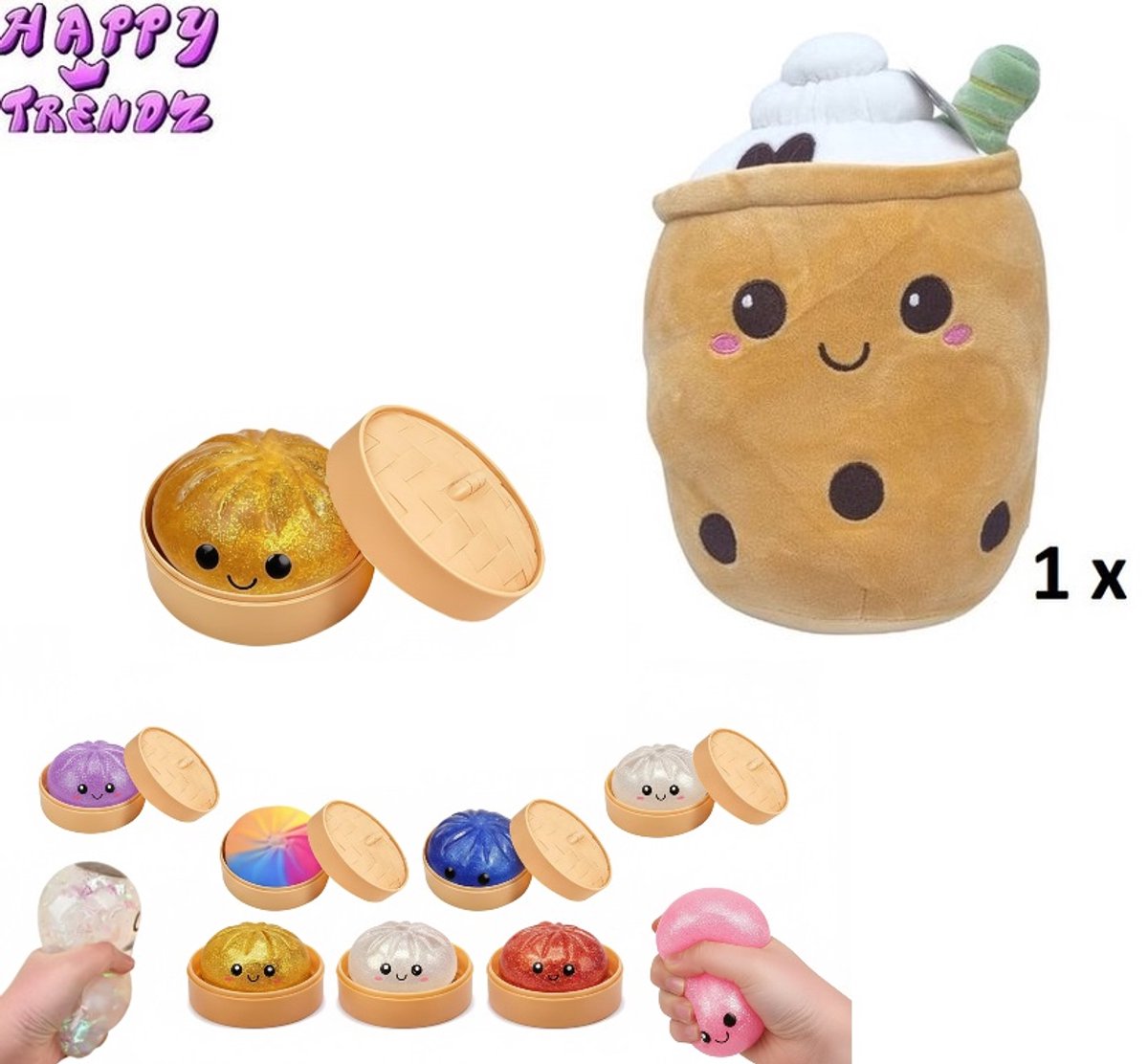 Happy Trendz® Knuffel Pluche (25 cm) Bubble Tea Boba met Squishy Dumpling Mystery Color 5,5 cm groot in bakje - Speelpakket voor Eindeloos PlezierDuo Pakket - Cadeau - Schattig, zacht en onweerstaanbaar – het perfecte kawaii duo!