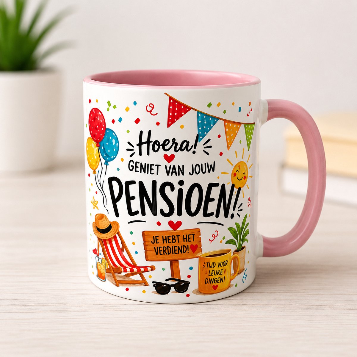 Afecto - Pensioen Mok roze – Hoera Geniet Van Jouw Pensioen – Vrolijke Koffiemok met Illustraties – Cadeau Pensioen – Keramische Mok 330ml – Vaatwasserbestendig