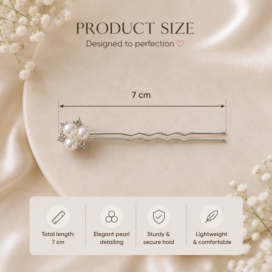 Épingle à cheveux argentée avec un motif floral de perles et de strass, 7 cm de long.