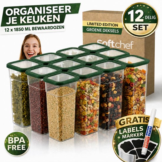 Ensemble de conservation alimentaire carré Soft Chef Viola 12 pièces (12 x 1850 ml) – Contenants alimentaires en plastique sans BPA avec couvercles beiges – Bacs de rangement hermétiques et lavables au lave-vaisselle