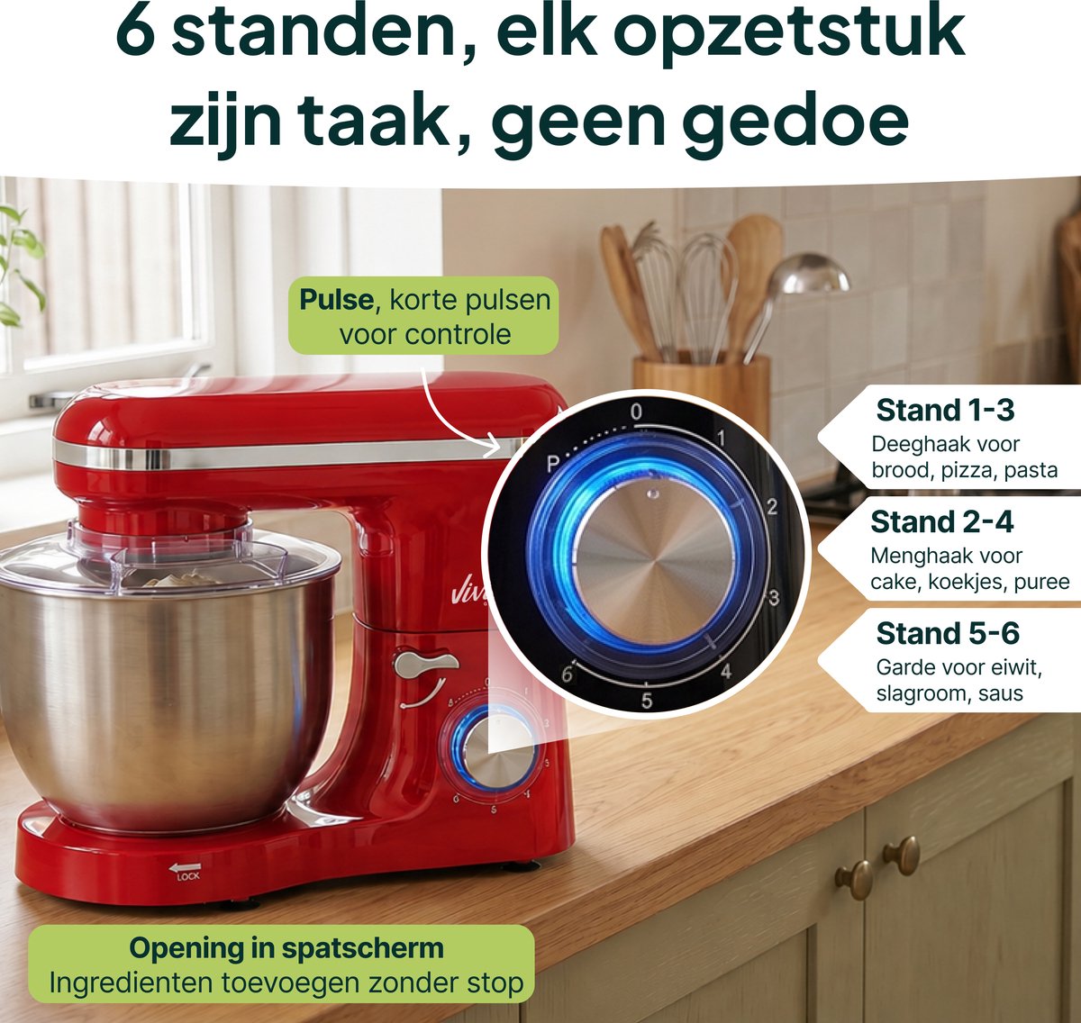Vivid Green 2000W Keukenmachine - Keukenrobot - 6.2L - Keukenmixer - Mixer met Mengkom - Rood thumbnail 3