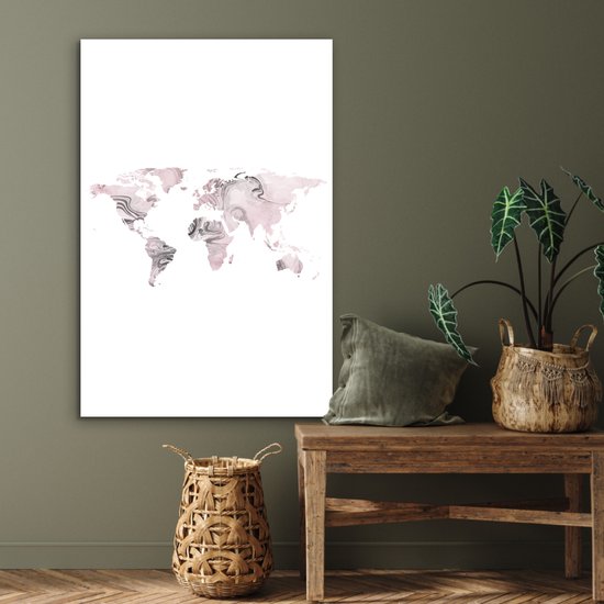 Aluminium schilderij 80x120 cm - Wanddecoratie metaal - Wereldkaart - Roze - Grijs - Verf - Metalen muurdecoratie woonkamer - Decoratie industrieel - Foto op dibond - Industriële accessoires slaapkamer