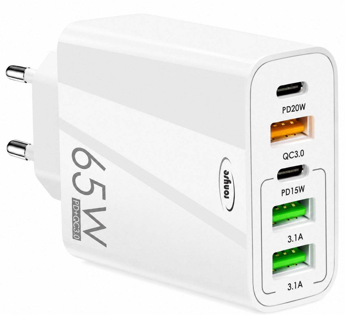USB-C Adapter 5 Poorten 65W - USB Stekker met Snelladen - USB-C Oplader en USB Lader in één - Wit